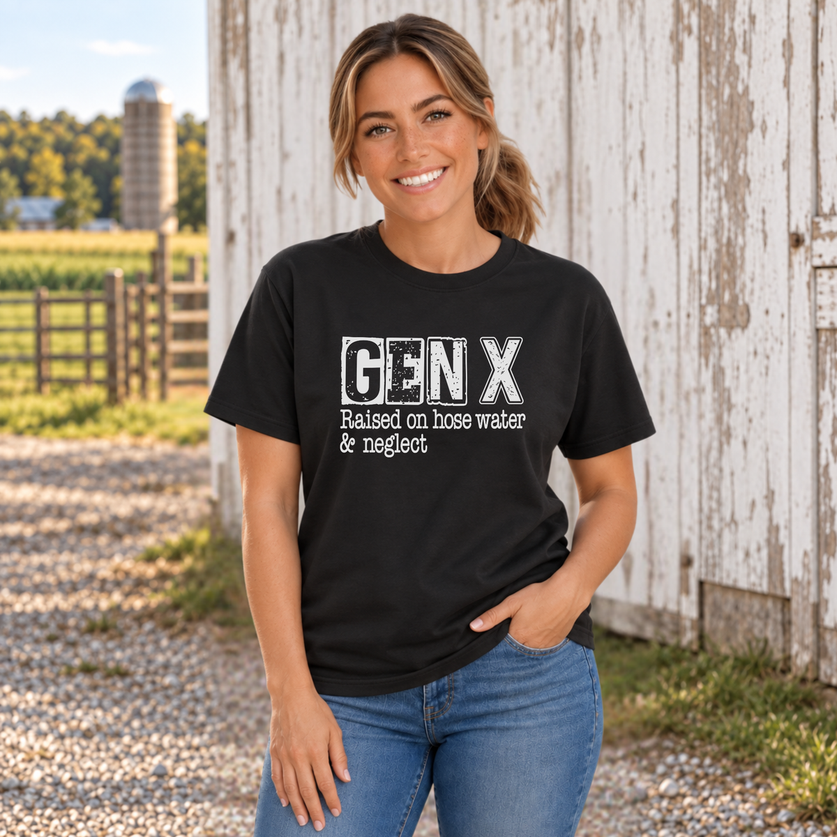 Woman wearing a black GEN X Raised on hose water & neglect T-shirt beside a distressed white barn.