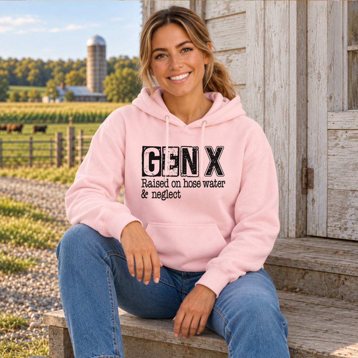 Woman seated on barn steps in a light pink GEN X Raised on hose water & neglect hoodie.