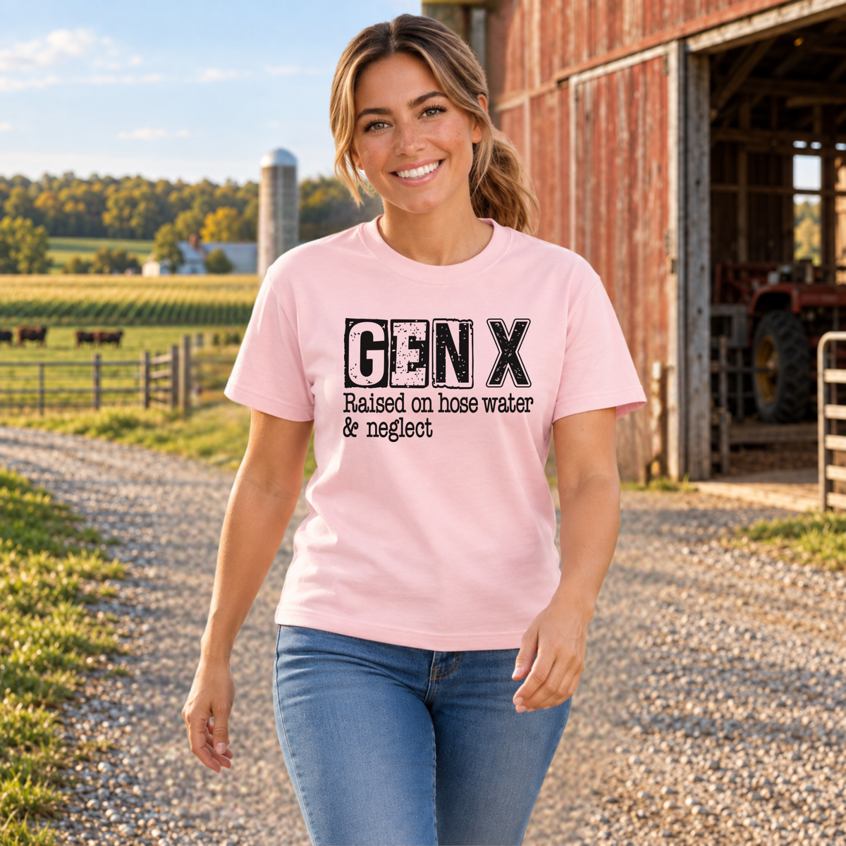 Woman walking beside a red barn in a light pink GEN X Raised on hose water & neglect T-shirt.
