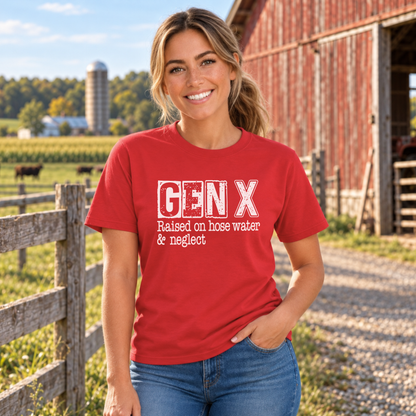 Woman wearing a red GEN X Raised on hose water & neglect T-shirt beside a farm fence.
