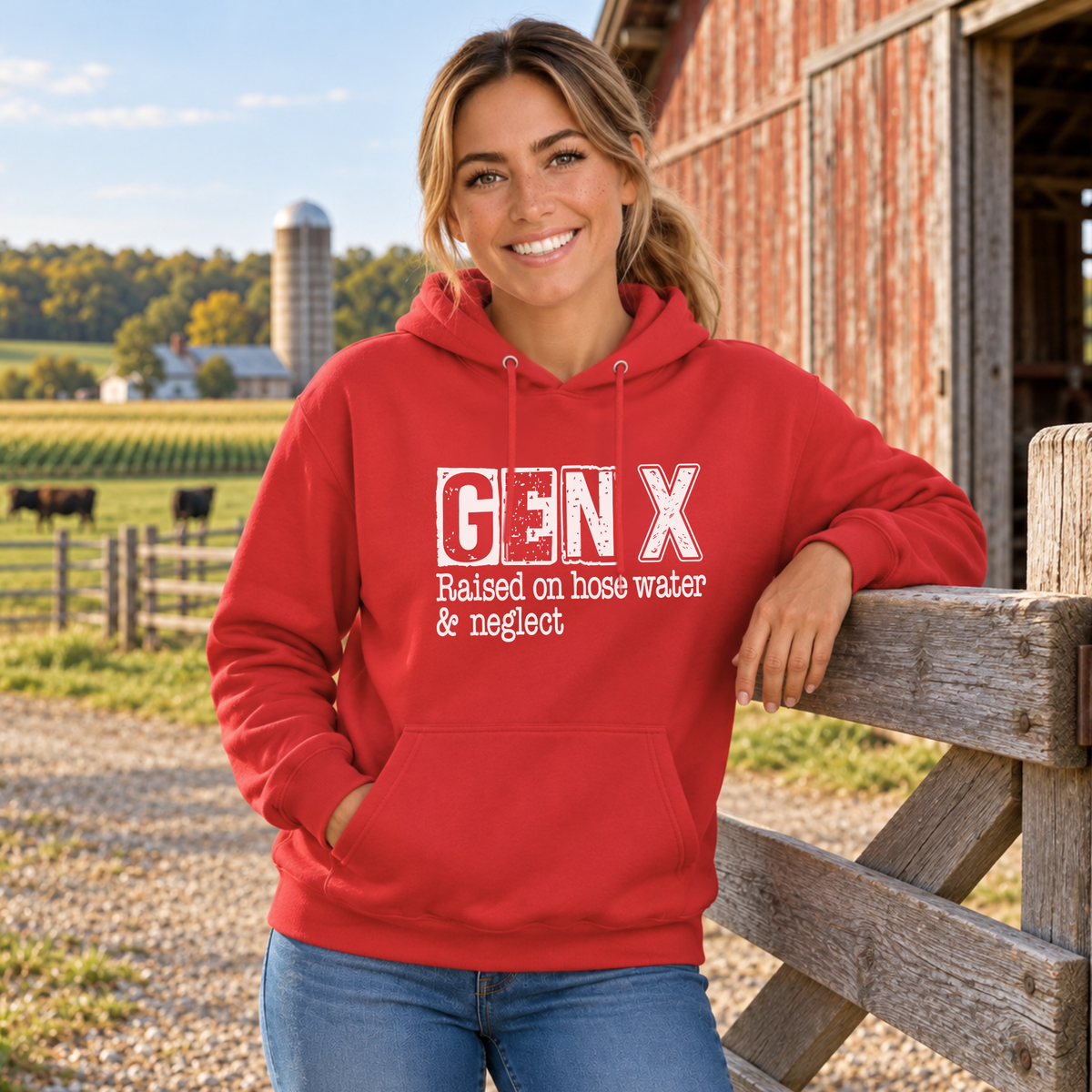Woman wearing a red GEN X Raised on hose water & neglect hoodie by a farm fence.