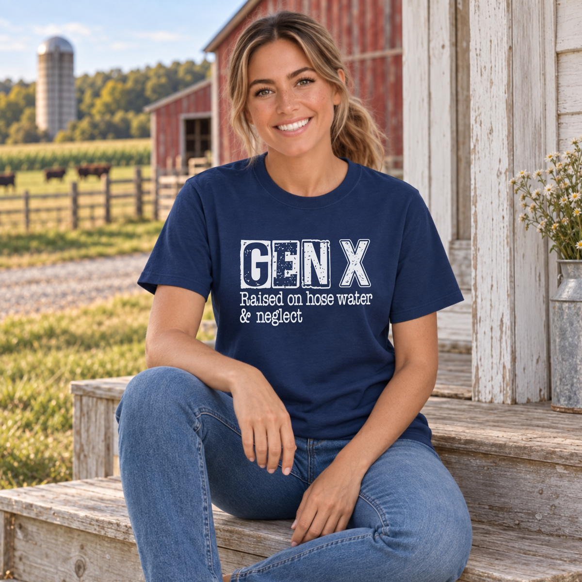 Woman seated on farmhouse steps in a navy GEN X Raised on hose water & neglect T-shirt.