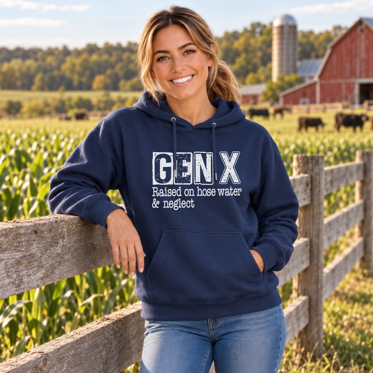 Woman wearing a navy GEN X Raised on hose water & neglect hoodie leaning on a pasture fence.
