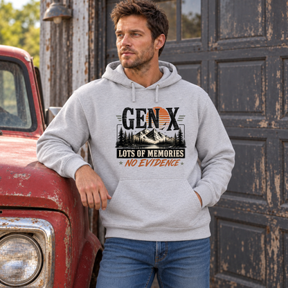 Men's sports gray Gen X hoodie with Lots of Memories No Evidence pine tree graphic, modeled leaning on a vintage red truck