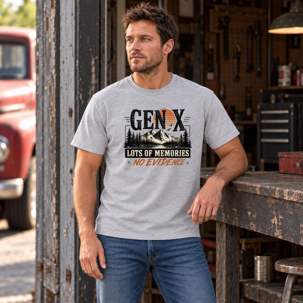 Men's sports gray Gen X T-shirt with Lots of Memories No Evidence mountain graphic, modeled in a rustic garage