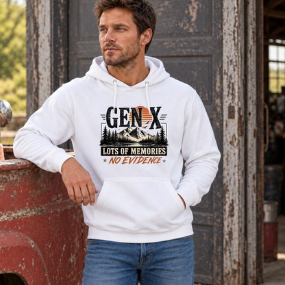 Men's white Gen X hoodie with Lots of Memories No Evidence mountain graphic, modeled beside a vintage red truck