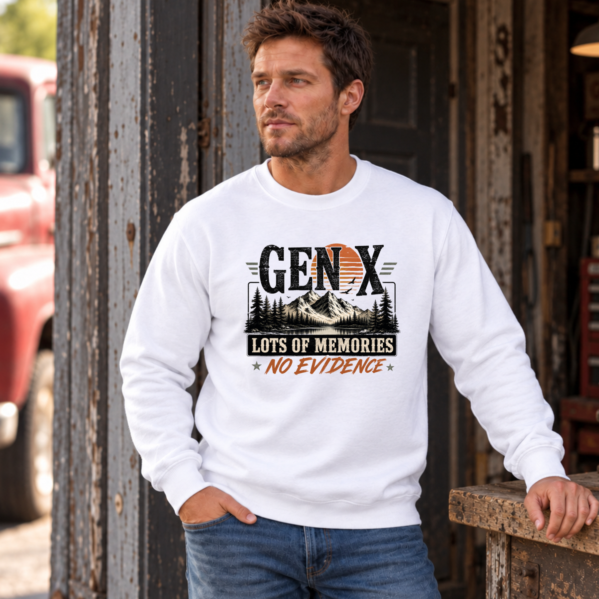 Men's white Gen X sweatshirt with Lots of Memories No Evidence outdoor graphic, modeled in a rustic garage