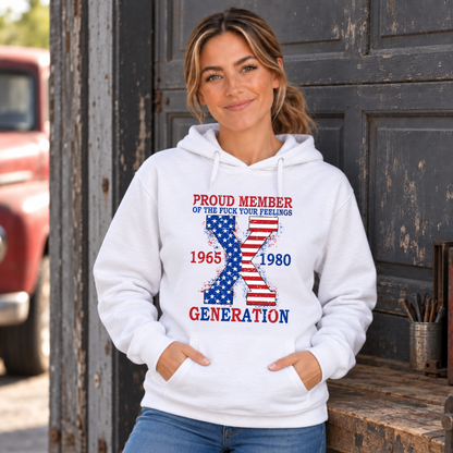 Women's white hoodie with American flag Generation X 1965–1980 design, modeled in a rustic workshop