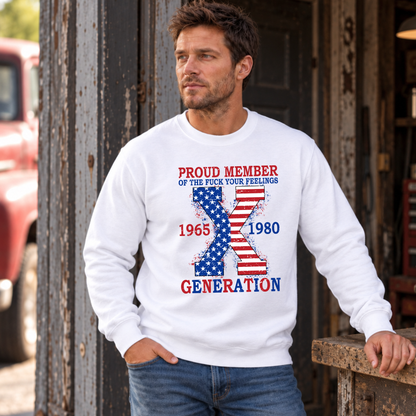 Men's white sweatshirt with American flag Generation X 1965–1980 design, modeled in a vintage workshop