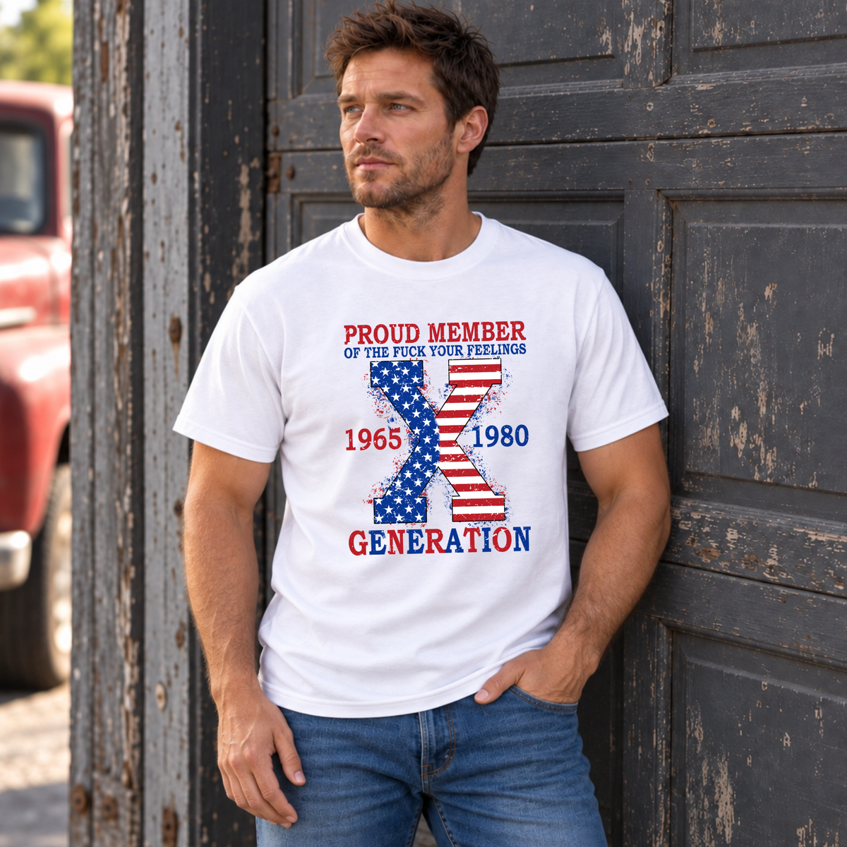 Men's white T-shirt with patriotic Generation X 1965–1980 graphic, modeled beside a vintage truck and garage door