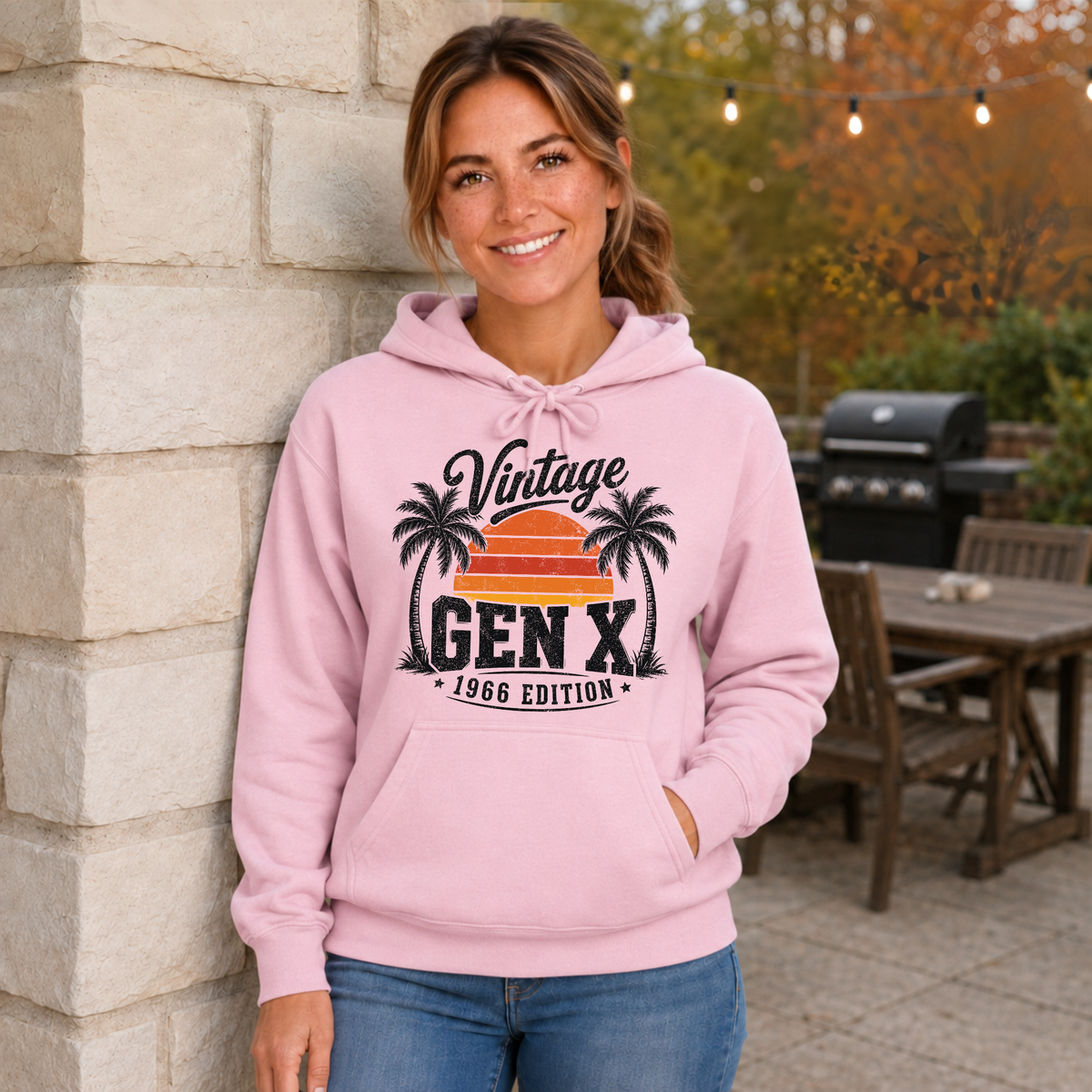 Woman wearing a light pink hoodie with a Vintage Gen X 1966 Edition palm-tree sunset graphic in a fall patio setting.