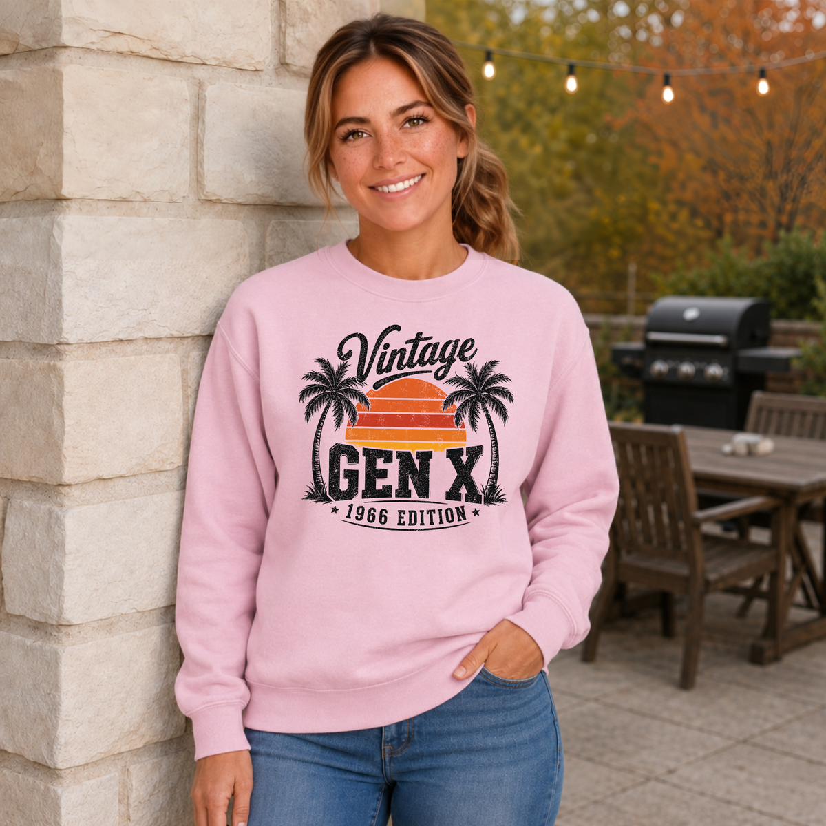 Woman wearing a light pink crewneck sweatshirt with a Vintage Gen X 1966 Edition palm-tree sunset graphic in a fall patio setting.