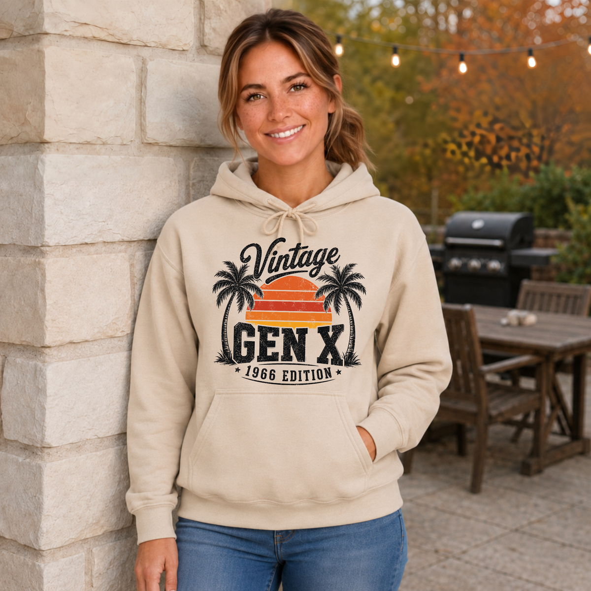 Woman wearing a sand hoodie with a Vintage Gen X 1966 Edition palm-tree sunset graphic in a fall patio setting.