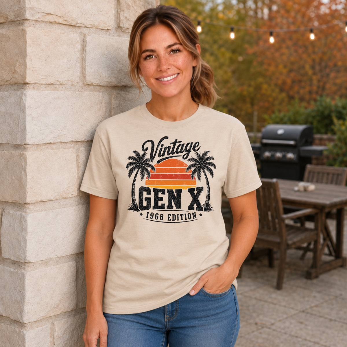Woman wearing a sand T-shirt with a Vintage Gen X 1966 Edition palm-tree sunset graphic in a fall patio setting.