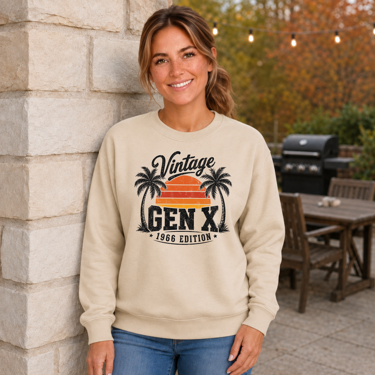 Woman wearing a sand crewneck sweatshirt with a Vintage Gen X 1966 Edition palm-tree sunset graphic in a fall patio setting.