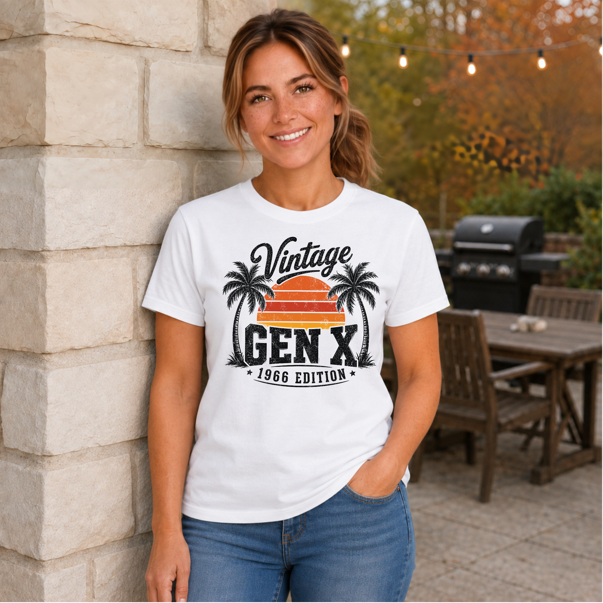 Woman wearing a white T-shirt with a Vintage Gen X 1966 Edition palm-tree sunset graphic in a fall patio setting.
