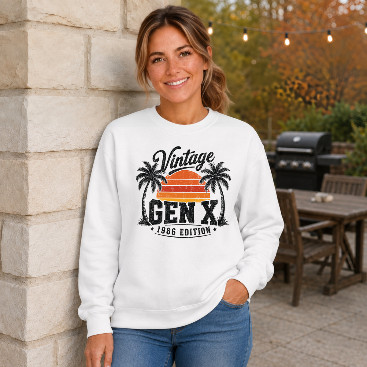 Woman wearing a white crewneck sweatshirt with a Vintage Gen X 1966 Edition palm-tree sunset graphic in a fall patio setting.