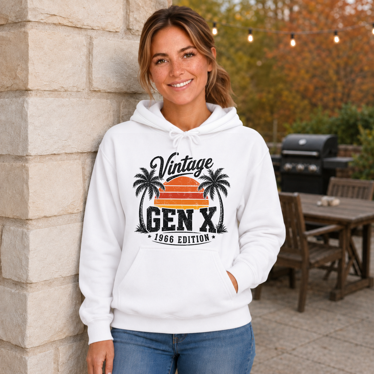 Woman wearing a white hoodie with a Vintage Gen X 1966 Edition palm-tree sunset graphic in a fall patio setting.