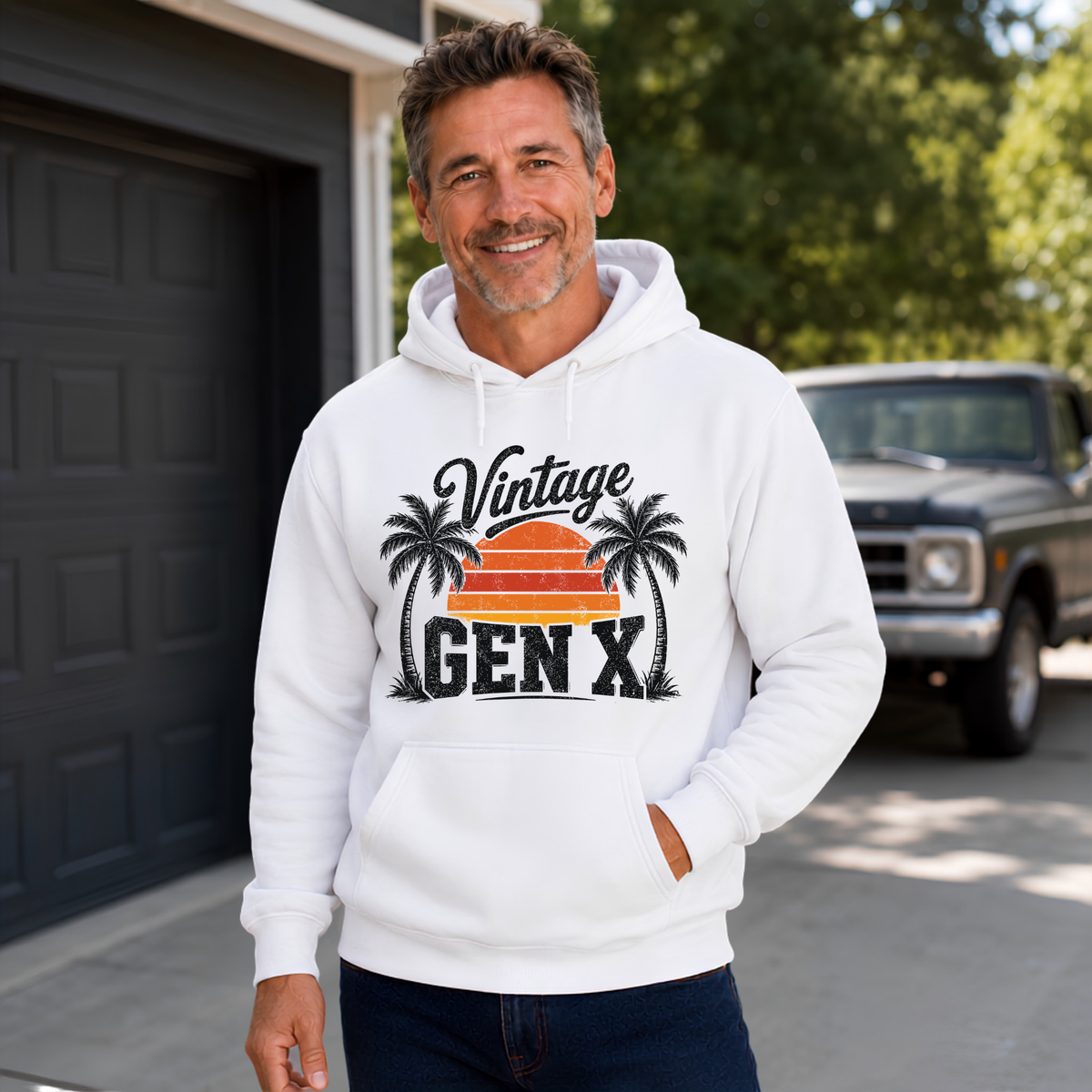 Man wearing a white Vintage Gen X hoodie with retro palm tree sunset graphic outside a garage.