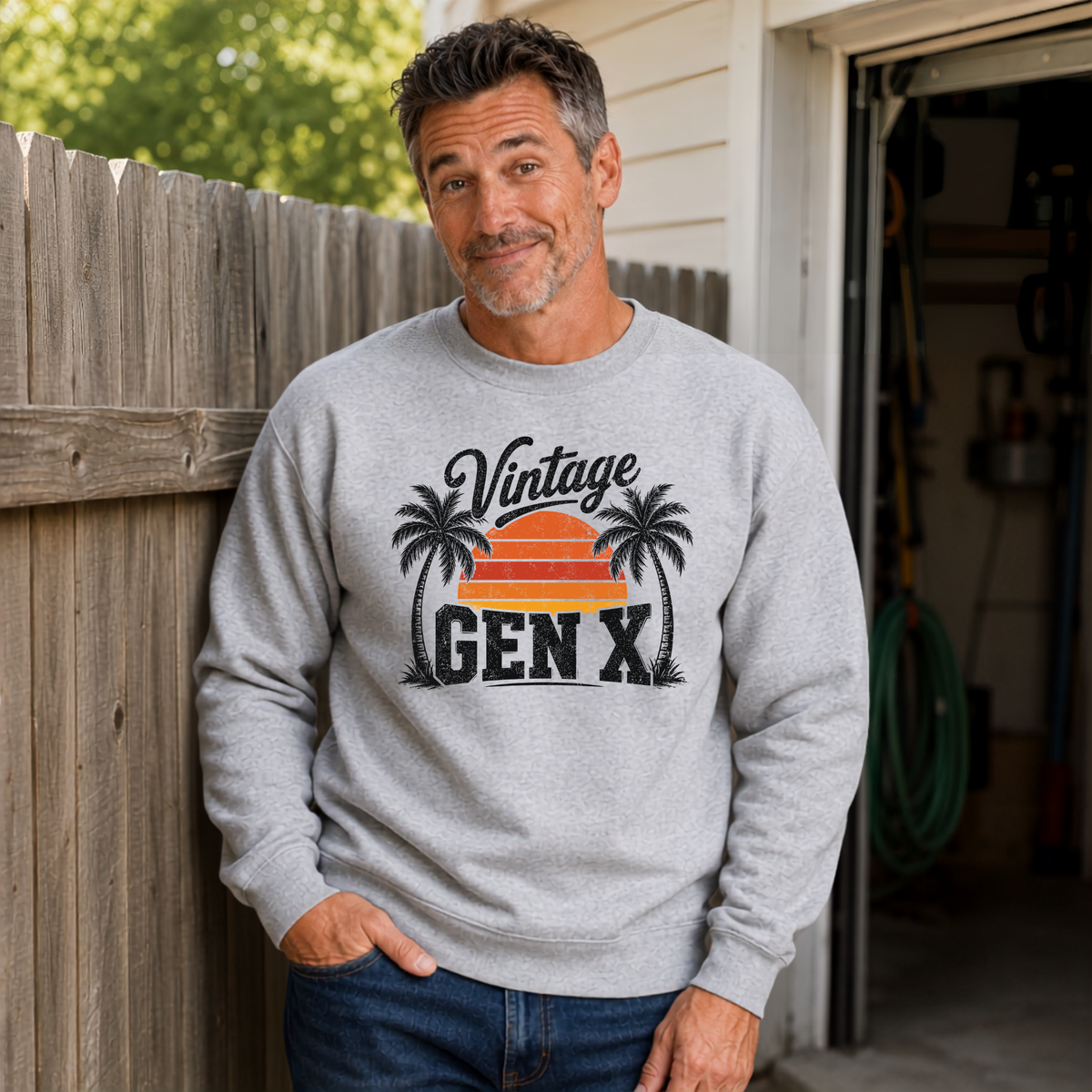 Man in a sports gray Vintage Gen X sweatshirt with orange sunset and black palm trees beside a wooden fence.