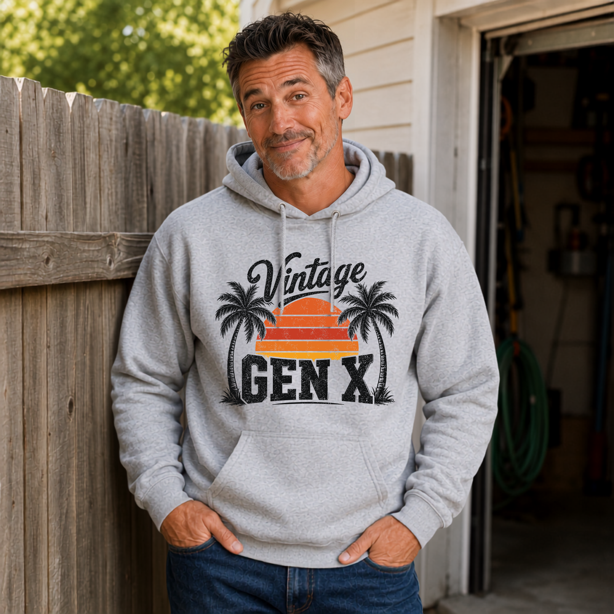 Man in a sports gray Vintage Gen X hoodie with orange sunset and palm trees by a wooden fence.
