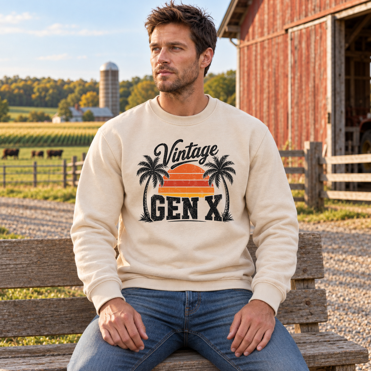 Man seated on a farm bench in a sand Vintage Gen X sweatshirt with a retro palm tree sunset design.