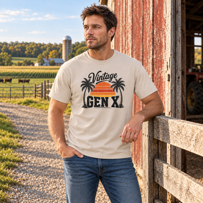 Man in a sand Vintage Gen X T-shirt with palm tree sunset graphic leaning against a farm fence by a red barn.