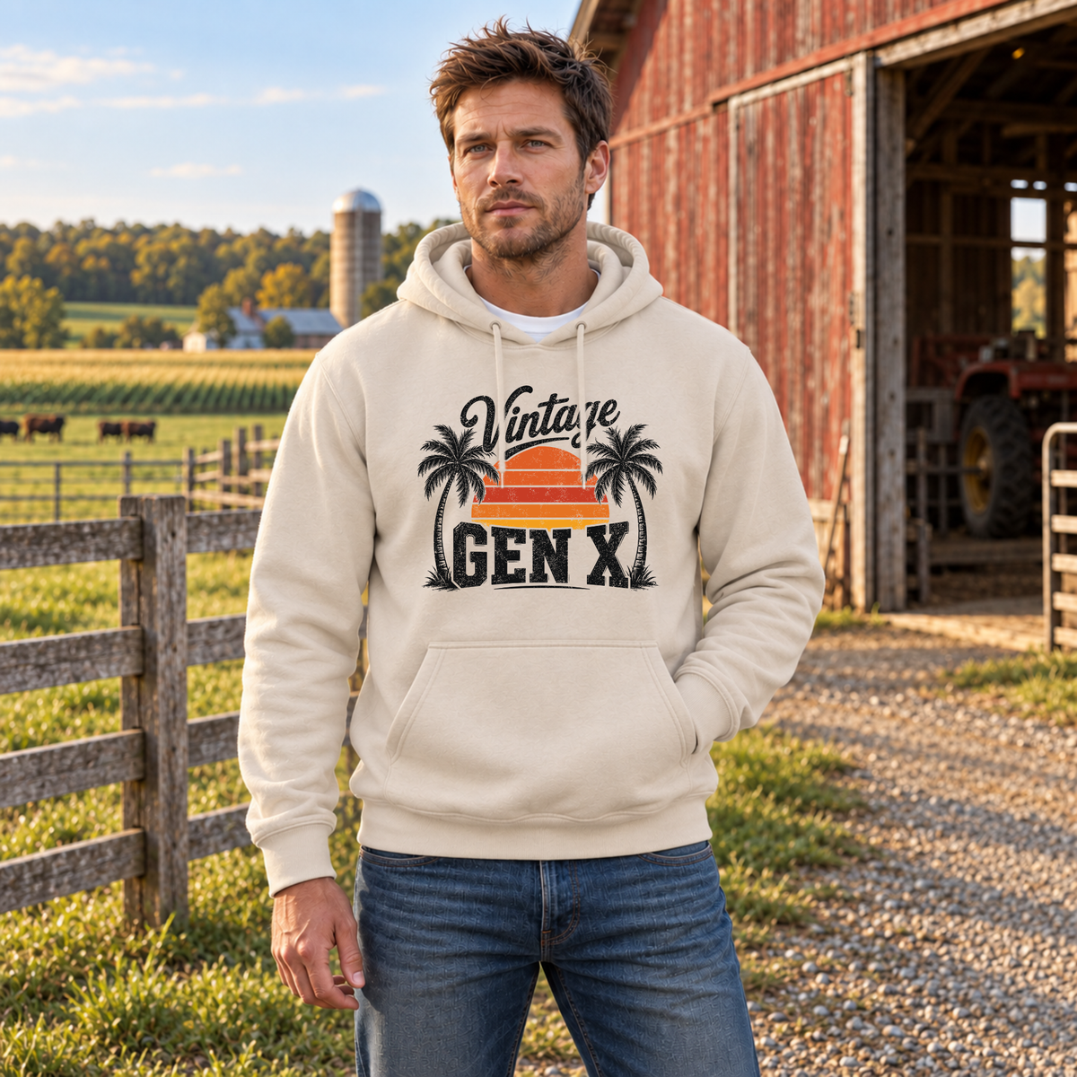 Man wearing a sand Vintage Gen X hoodie with orange sunset and black palm trees outside a red barn.