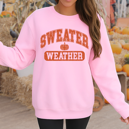 Girl in pink “Sweater Weather” shirt sitting with fall leaves – kids fall outfit
