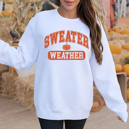 Girl in white “Sweater Weather” shirt sitting with fall leaves – kids fall outfit
