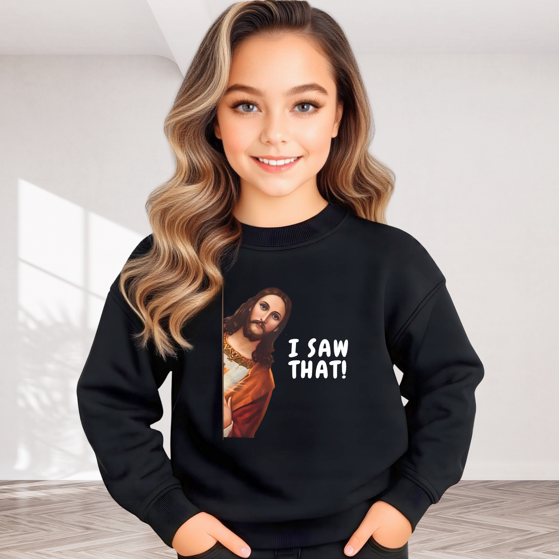 Young Girl wearing a black sweatshirt with a graphic of a Jesus and text 'I SAW THAT!' on a white background.