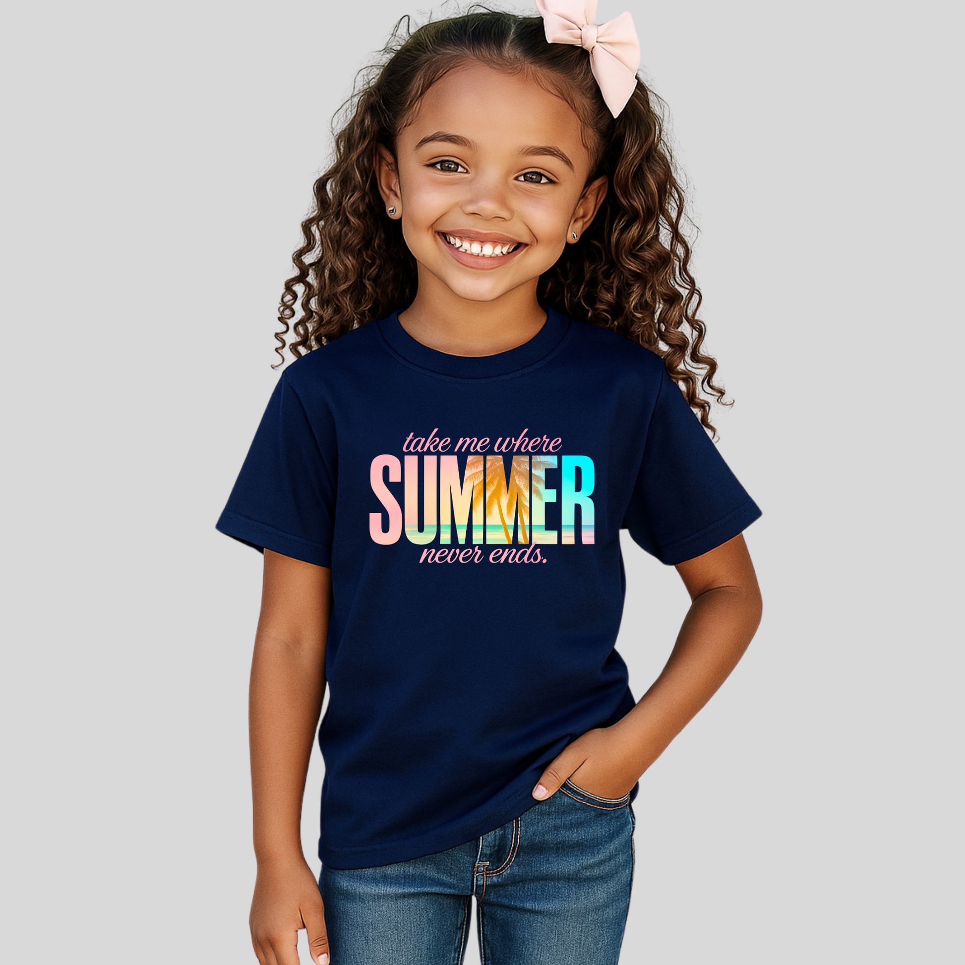 Girl wearing navy blue tee that says "Take Me Where Summer Never Ends" – full view