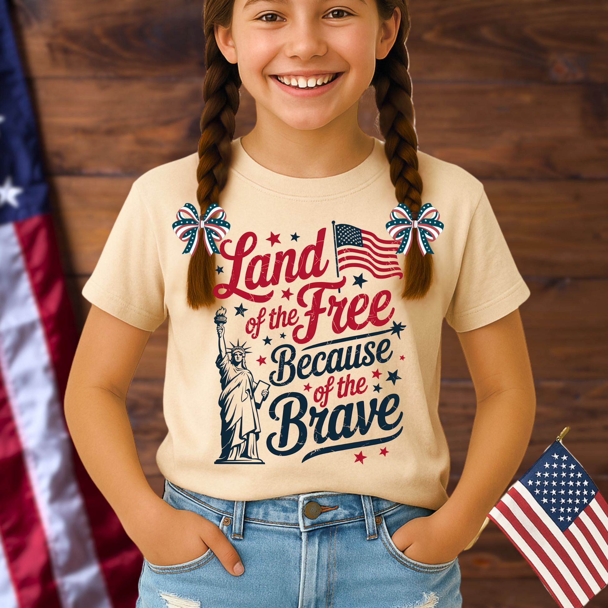 Girl wearing sand-colored youth patriotic T-shirt with Statue of Liberty and flag design