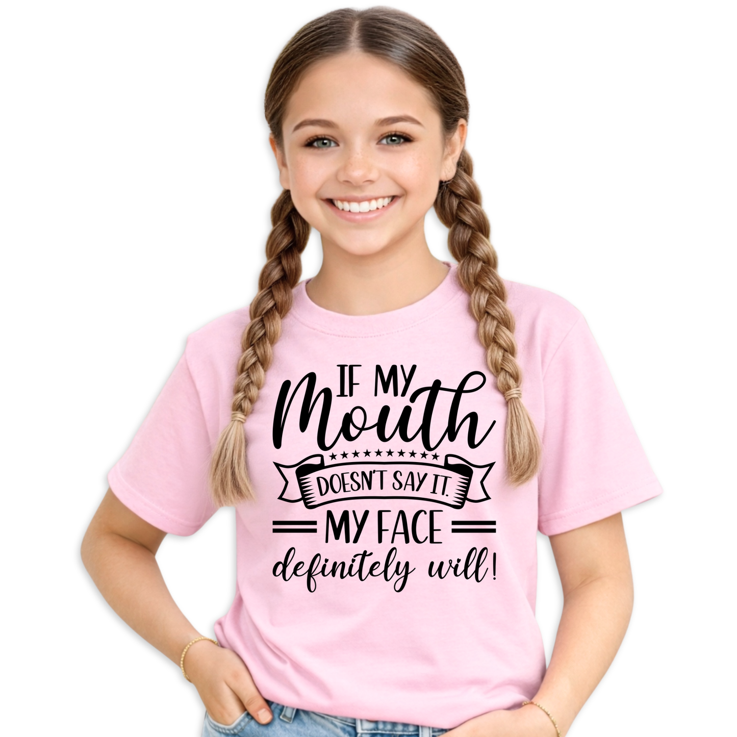 Girls pink graphic t-shirt if my mouth doesnt say it my face definitely will funny kids shirt youth tee mockup