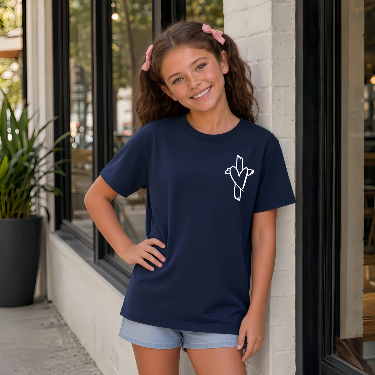 Girl wearing a navy God Is Still Writing Your Story youth T-shirt with a small cross and heart graphic on the front chest.