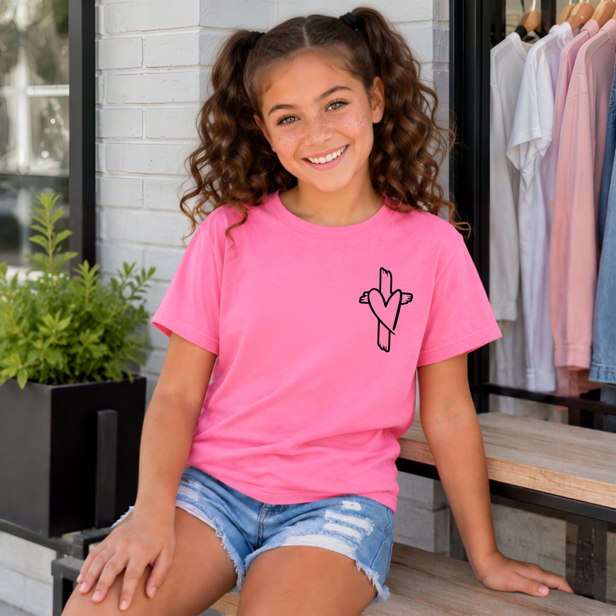 Girl wearing a Bright Pink God Is Still Writing Your Story youth T-shirt with a small cross and heart graphic on the front chest.