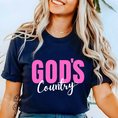 Navy God's Country Christian T-shirt with pink and white text, perfect for patriotic believers who love faith-based apparel