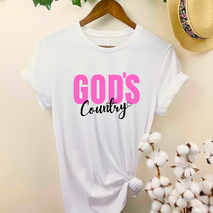 White God's Country Christian T-shirt with pink and white text, perfect for patriotic believers who love faith-based apparel