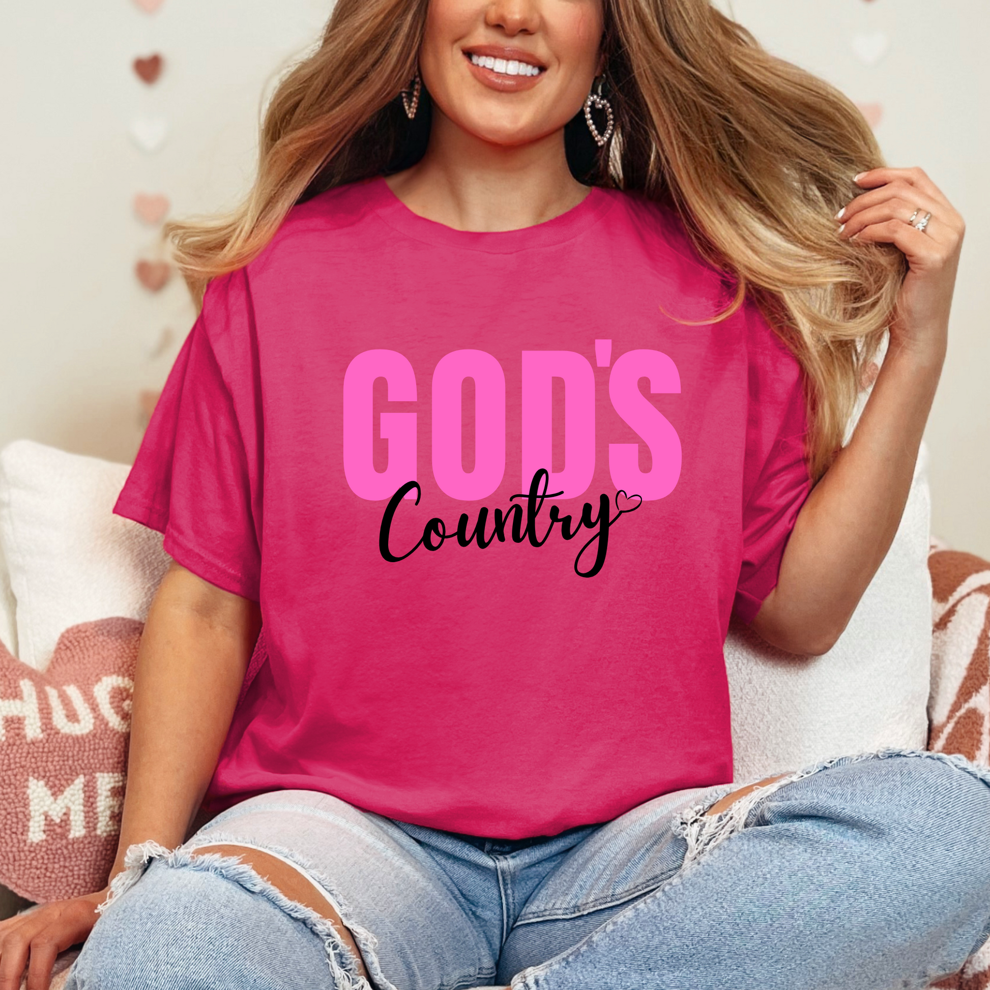 Dark Pink God's Country Christian T-shirt with pink and white text, perfect for patriotic believers who love faith-based apparel