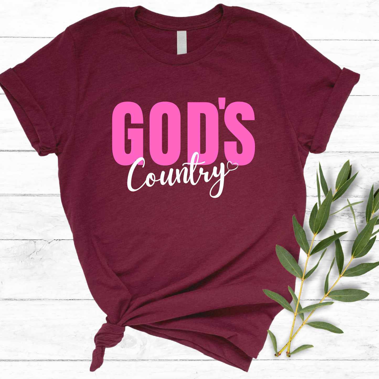 God's Country Christian T-shirt with pink and white text, perfect for patriotic believers who love faith-based apparel
