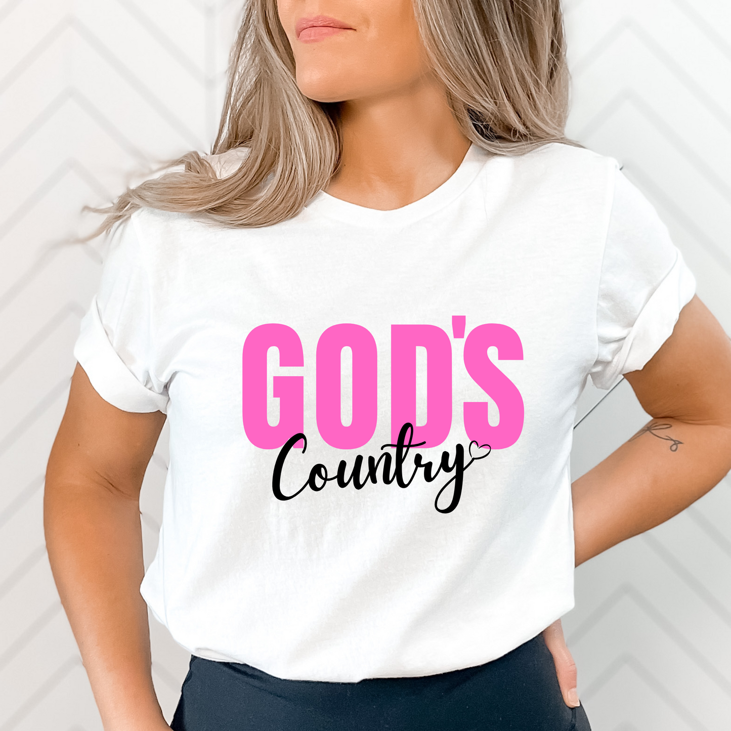 White God's Country Christian T-shirt with pink and white text, perfect for patriotic believers who love faith-based apparel