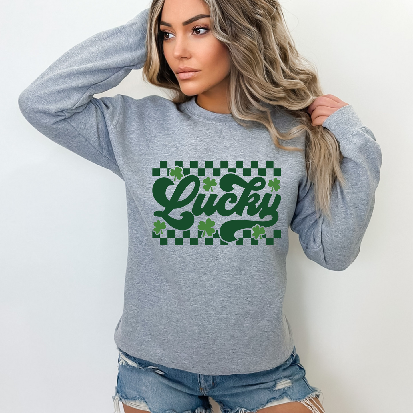 Lucky St. Patrick’s Day Sweatshirt – Retro Checkerboard Clover Crewneck