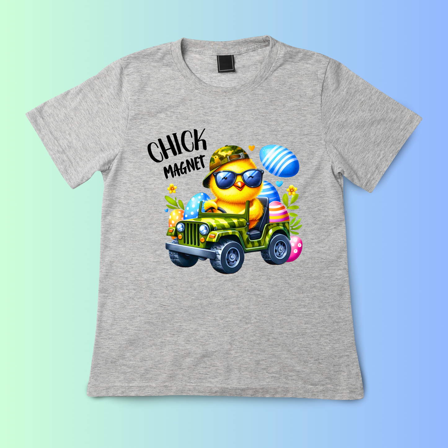 Gray Funny "Chick Magnet" youth t-shirt featuring a cool chick driving a jeep with Easter eggs. Perfect Easter shirt for young boys