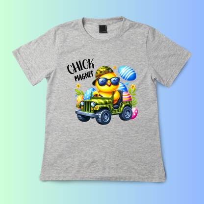 Gray Funny "Chick Magnet" youth t-shirt featuring a cool chick driving a jeep with Easter eggs. Perfect Easter shirt for young boys