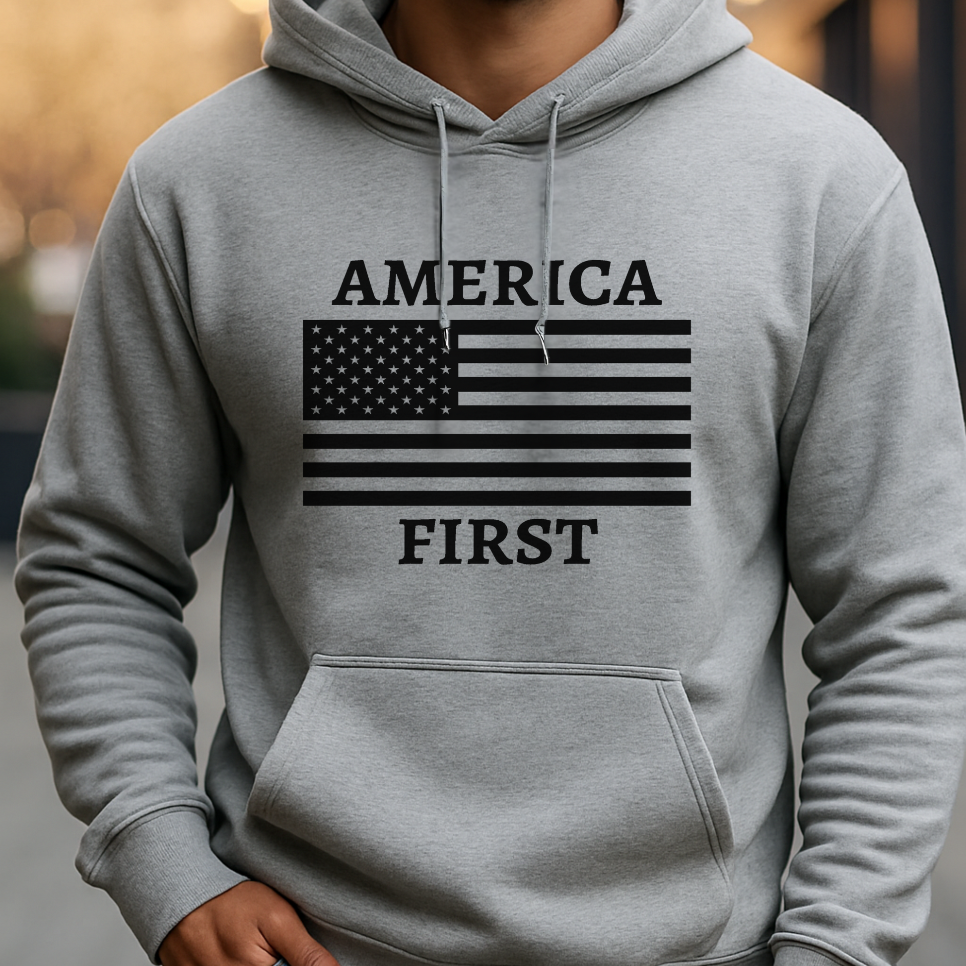 Gray America First pullover hoodie – conservative men's apparel