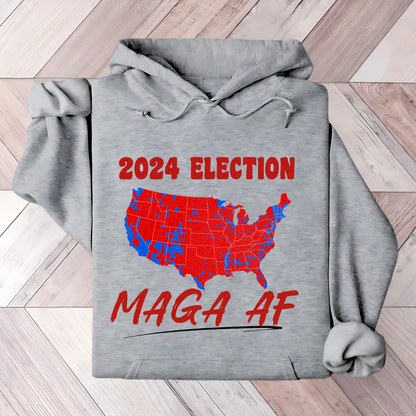 Gray Folded patriotic hoodie featuring red and blue American map with bold text