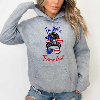 Grey Patriotic women’s hoodie with red, white, and blue hair bow and sunglasses design