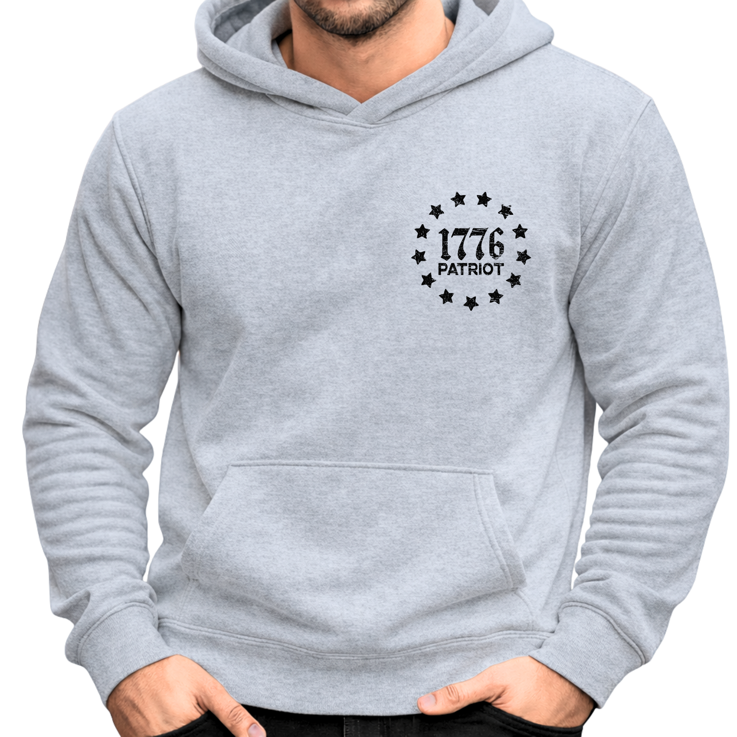 Gray hoodie with '1776 Patriot' design on a white background