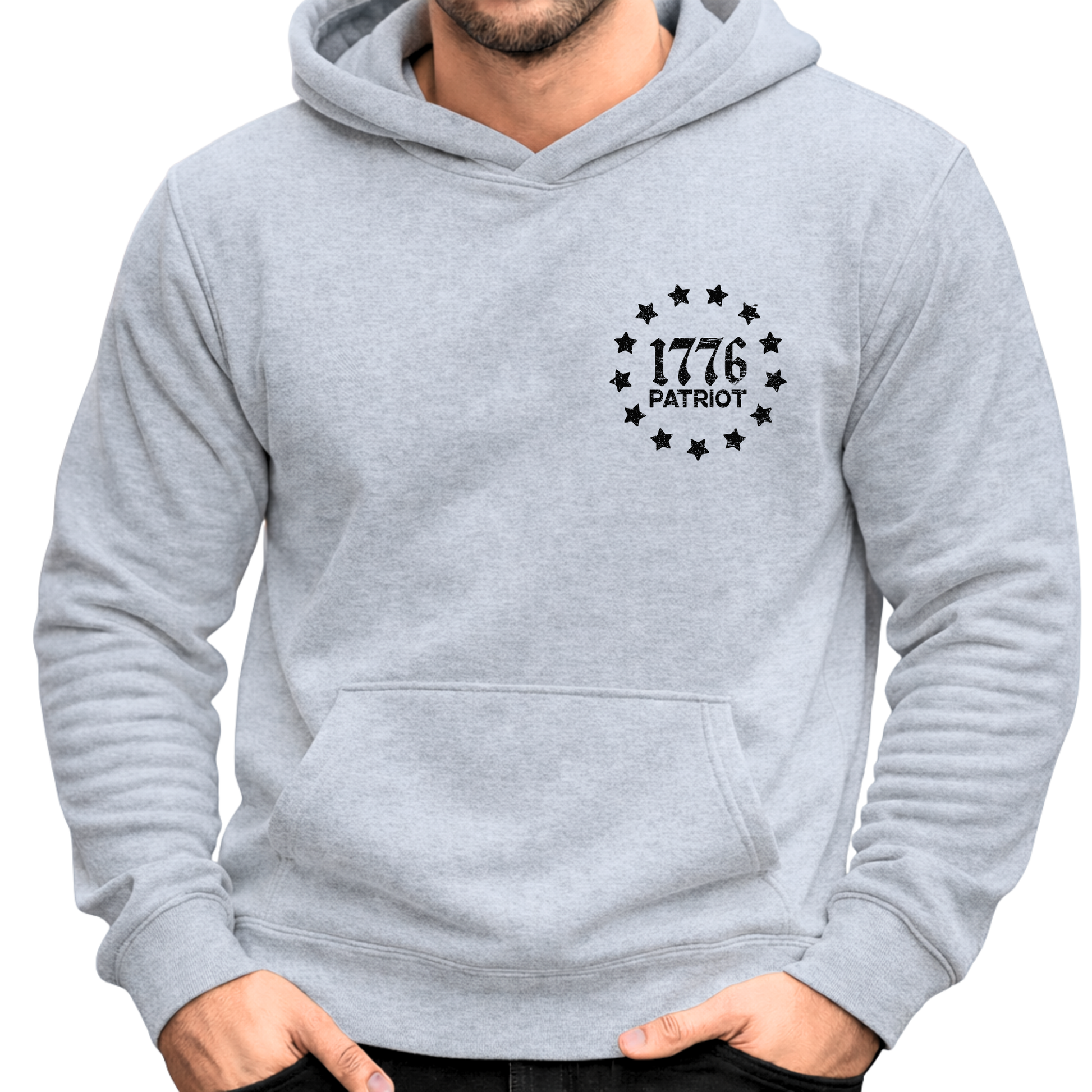 Gray hoodie with '1776 Patriot' design on a white background