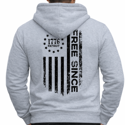Gray hoodie with a patriotic design on the back, featuring text and stars.
